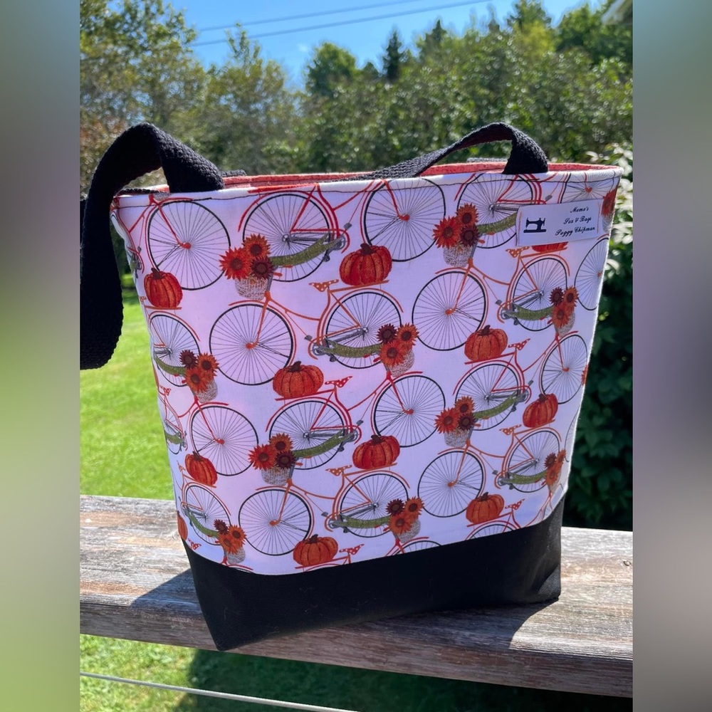 Handmade cotton bag. Beautiful bicycle and pumpkin pattern for fall.